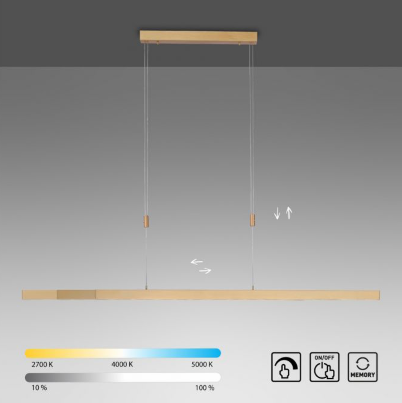 LED pendant light, matt brass, linear, filigree design, touch dimmer