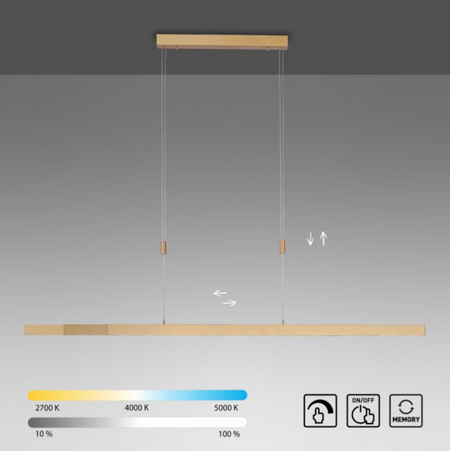 LED pendant light, matt brass, linear, filigree design, touch dimmer