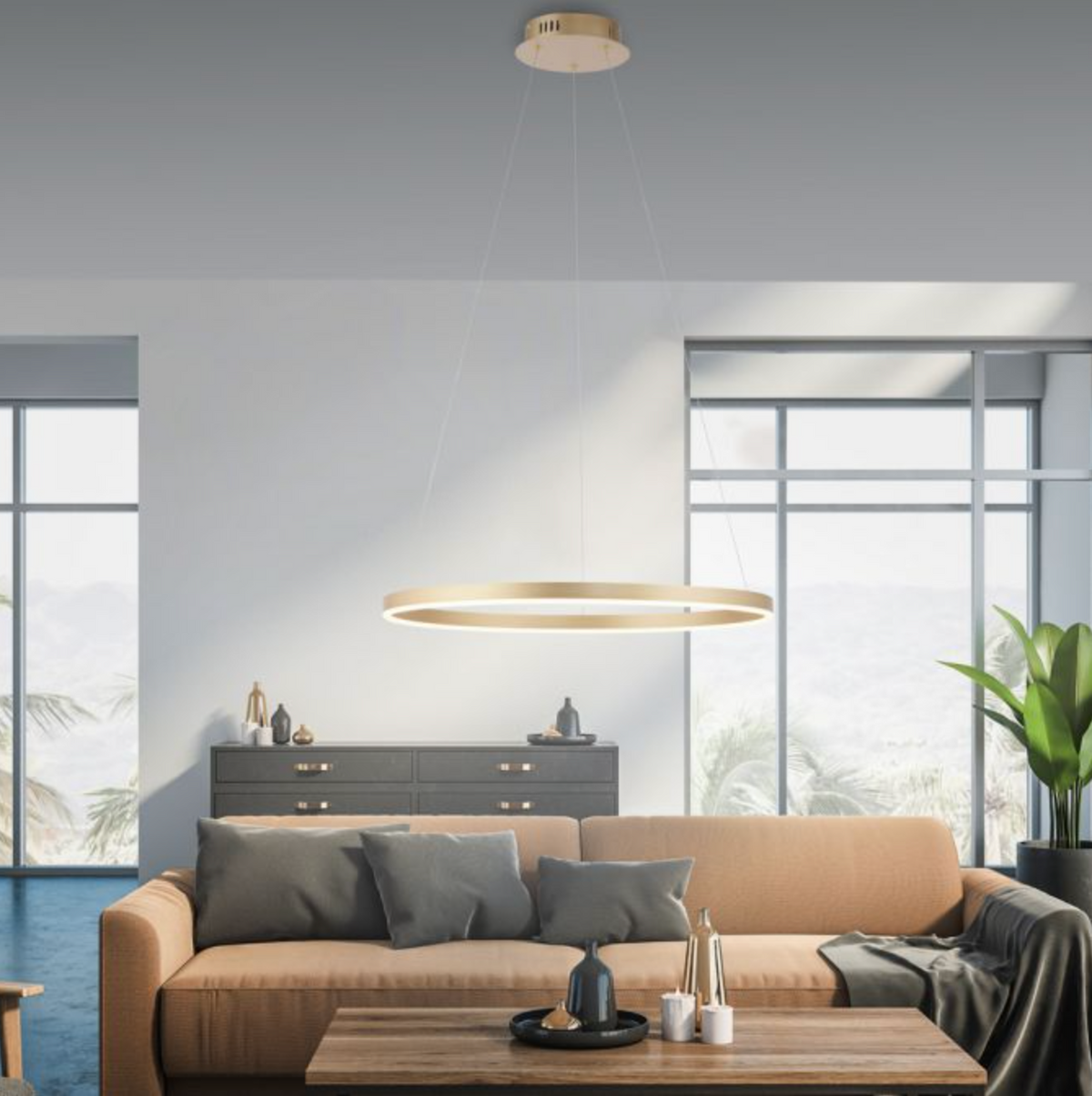 LED pendant light matt brass round 60cm dimmable - Warm white