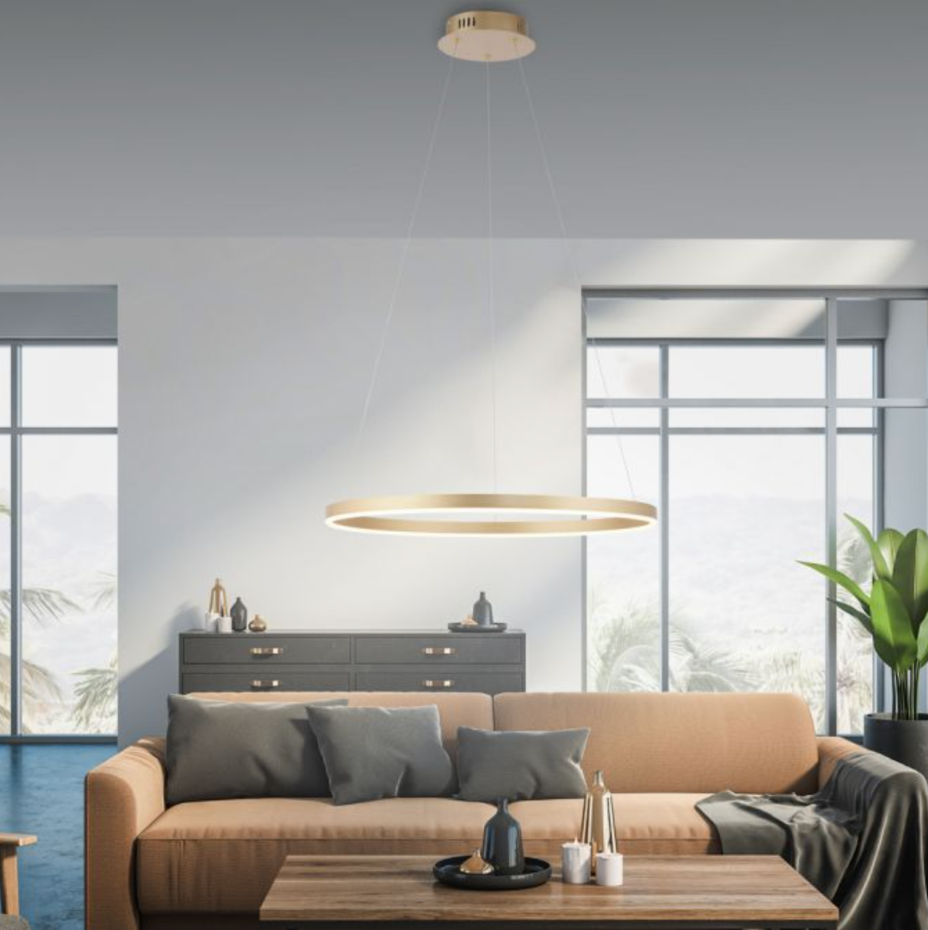 LED pendant light matt brass round 60cm dimmable - Warm white