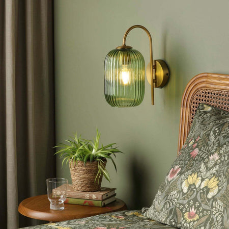 Idra Wall Light Aged Bronze and Green Ribbed Glass