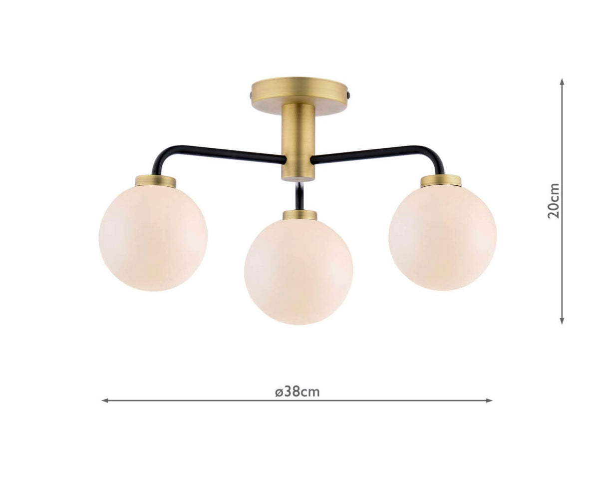Lainey 3 Light Semi-Flush Matt Black & Opal Glass