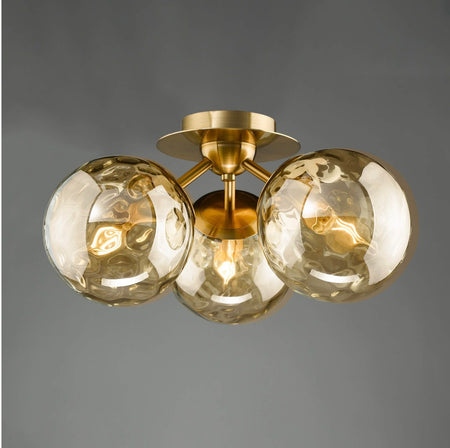 Ulrika 3 Light Flush Antique Brass and Amber Glass
