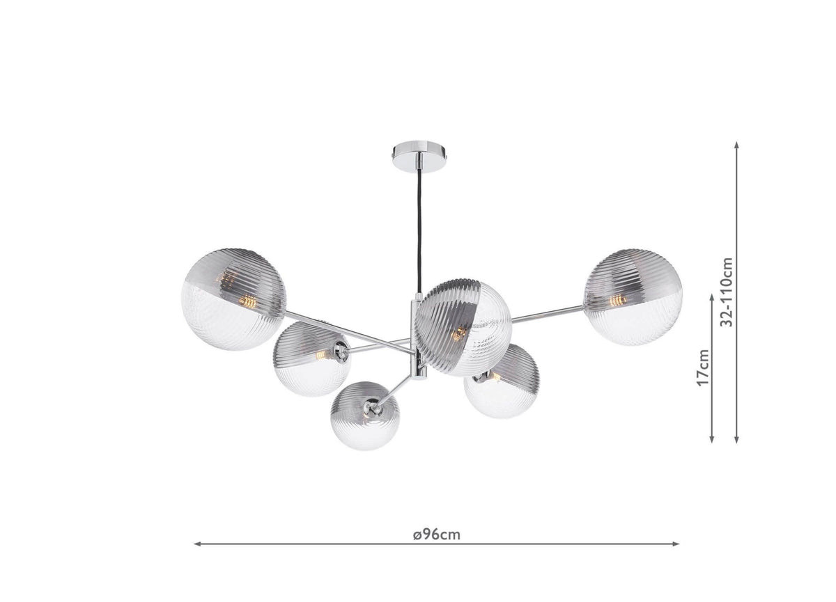Vignette 6 Light Pendant Polished Chrome & Smoked/Clear Ribbed Glass
