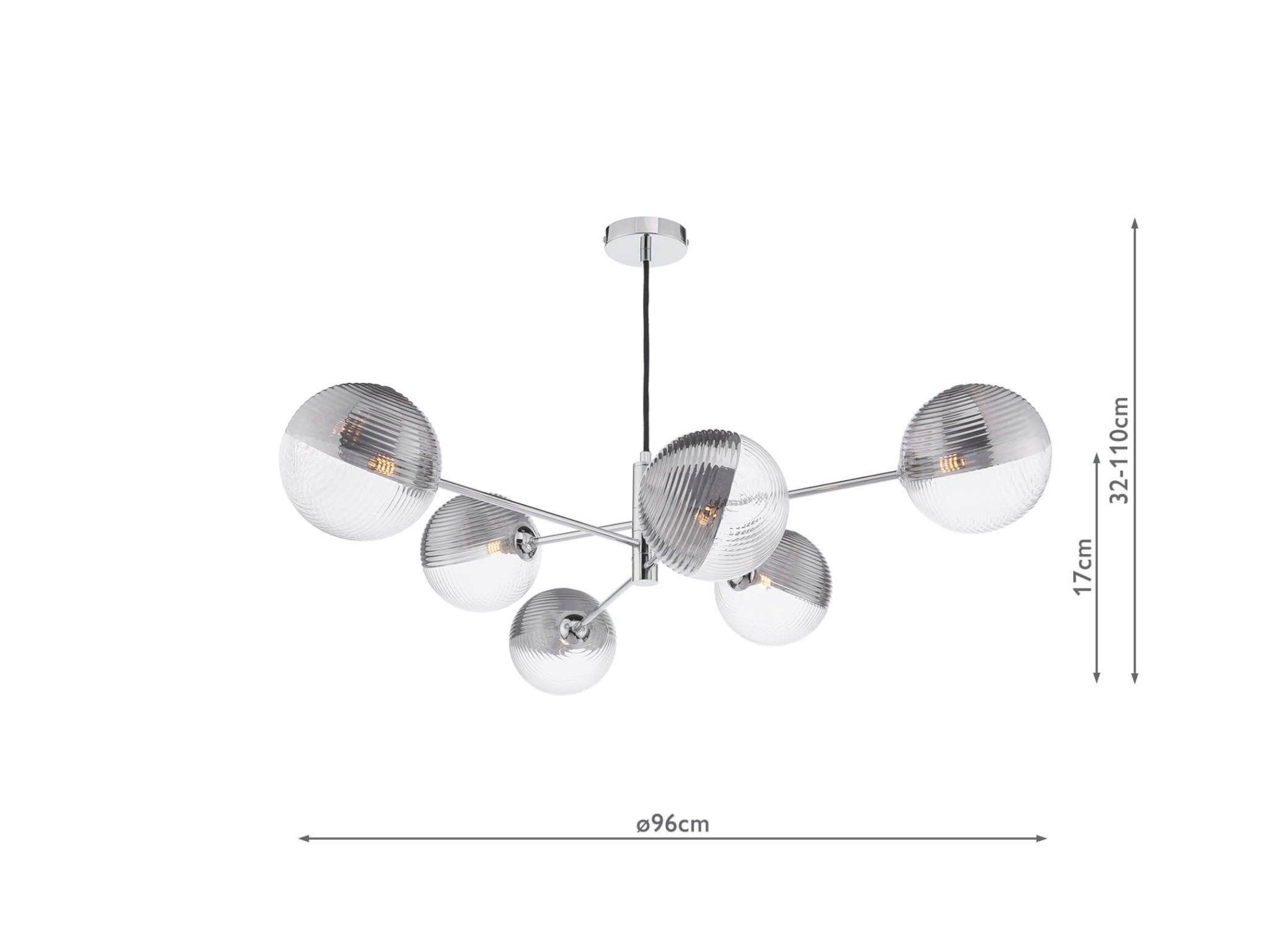 Vignette 6 Light Pendant Polished Chrome & Smoked/Clear Ribbed Glass