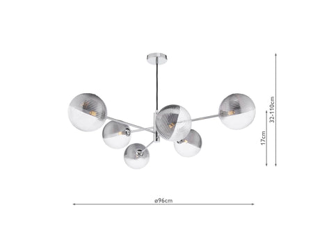Vignette 6 Light Pendant Polished Chrome & Smoked/Clear Ribbed Glass