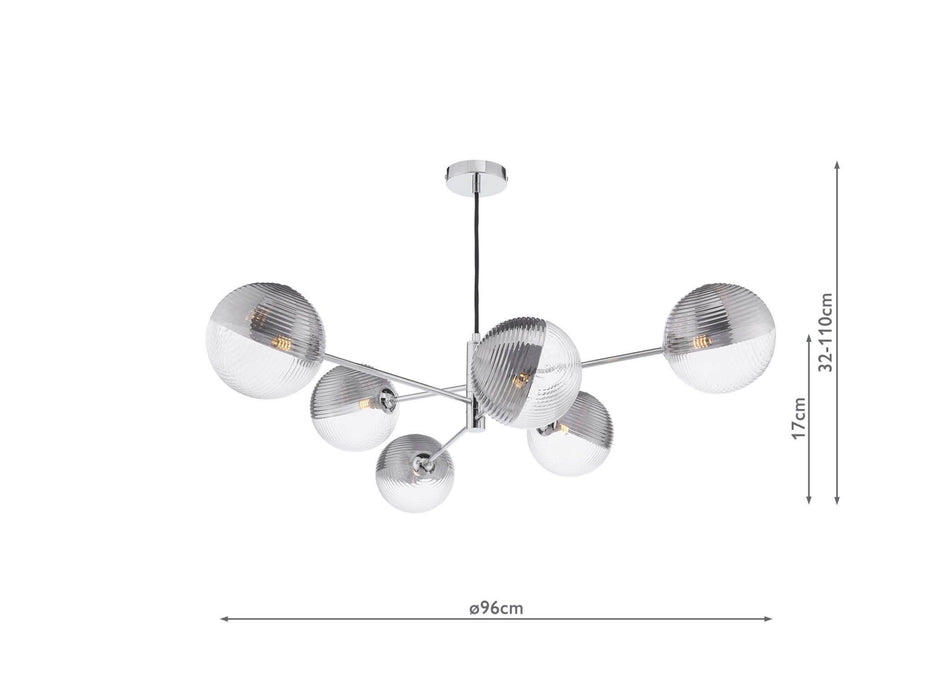Vignette 6 Light Pendant Polished Chrome & Smoked/Clear Ribbed Glass