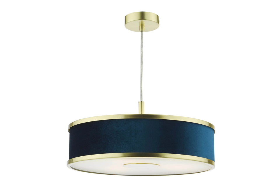 Alvaro 3 Light Single Pendant Brushed brass with blue shade