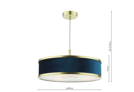 Alvaro 3 Light Single Pendant Brushed brass with blue shade