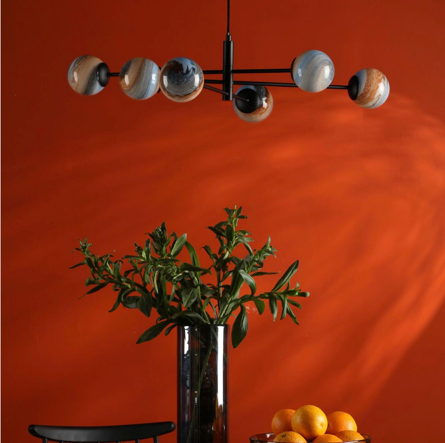 Vignette 6 Light Pendant Matt Black & Planet Style Glass