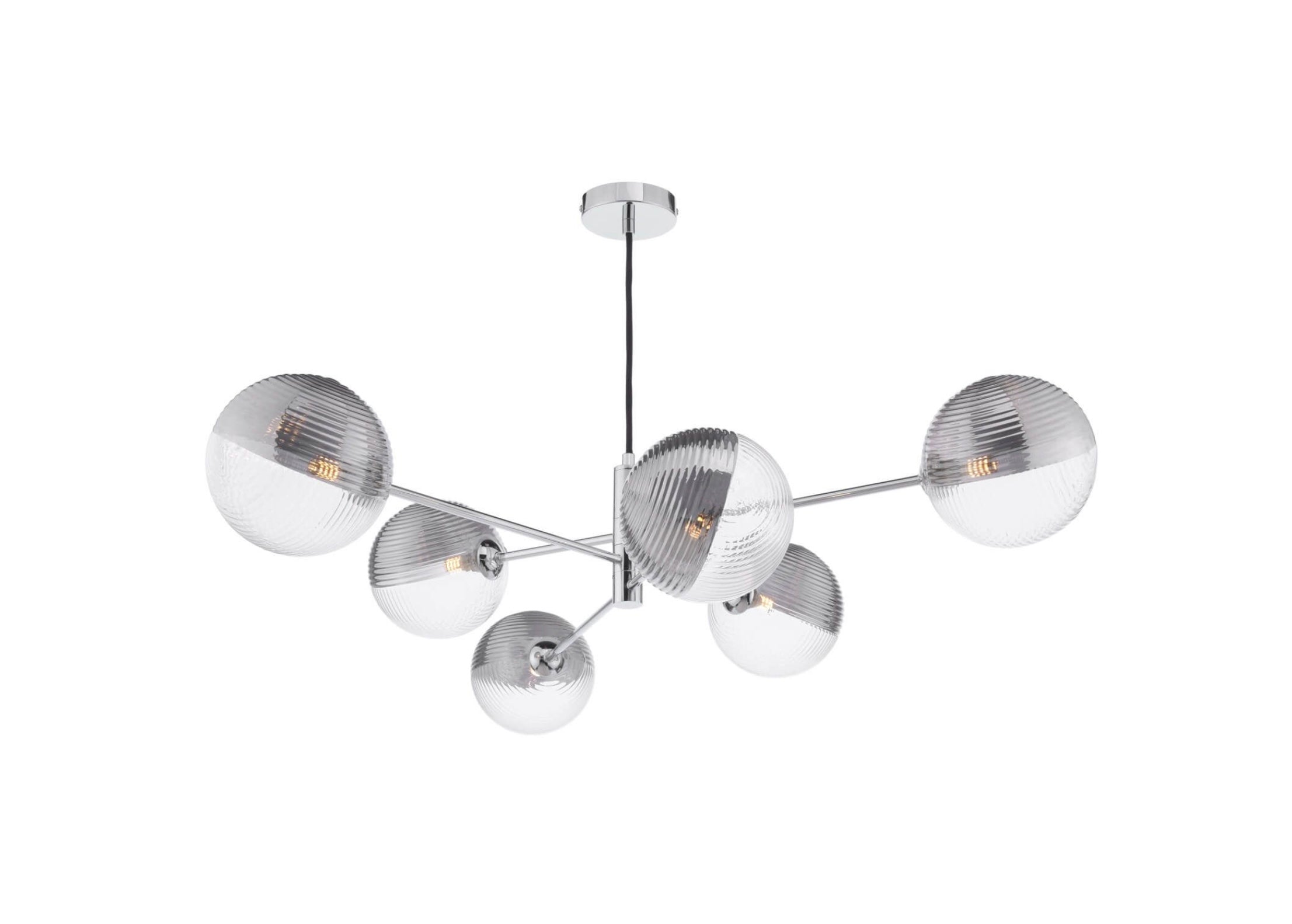 Vignette 6 Light Pendant Polished Chrome & Smoked/Clear Ribbed Glass