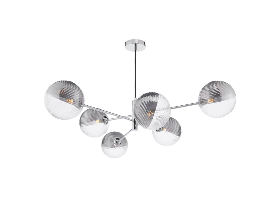 Vignette 6 Light Pendant Polished Chrome & Smoked/Clear Ribbed Glass