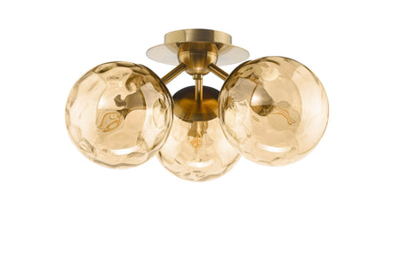 Ulrika 3 Light Flush Antique Brass and Amber Glass