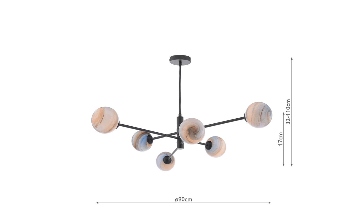 Vignette 6 Light Pendant Matt Black & Planet Style Glass