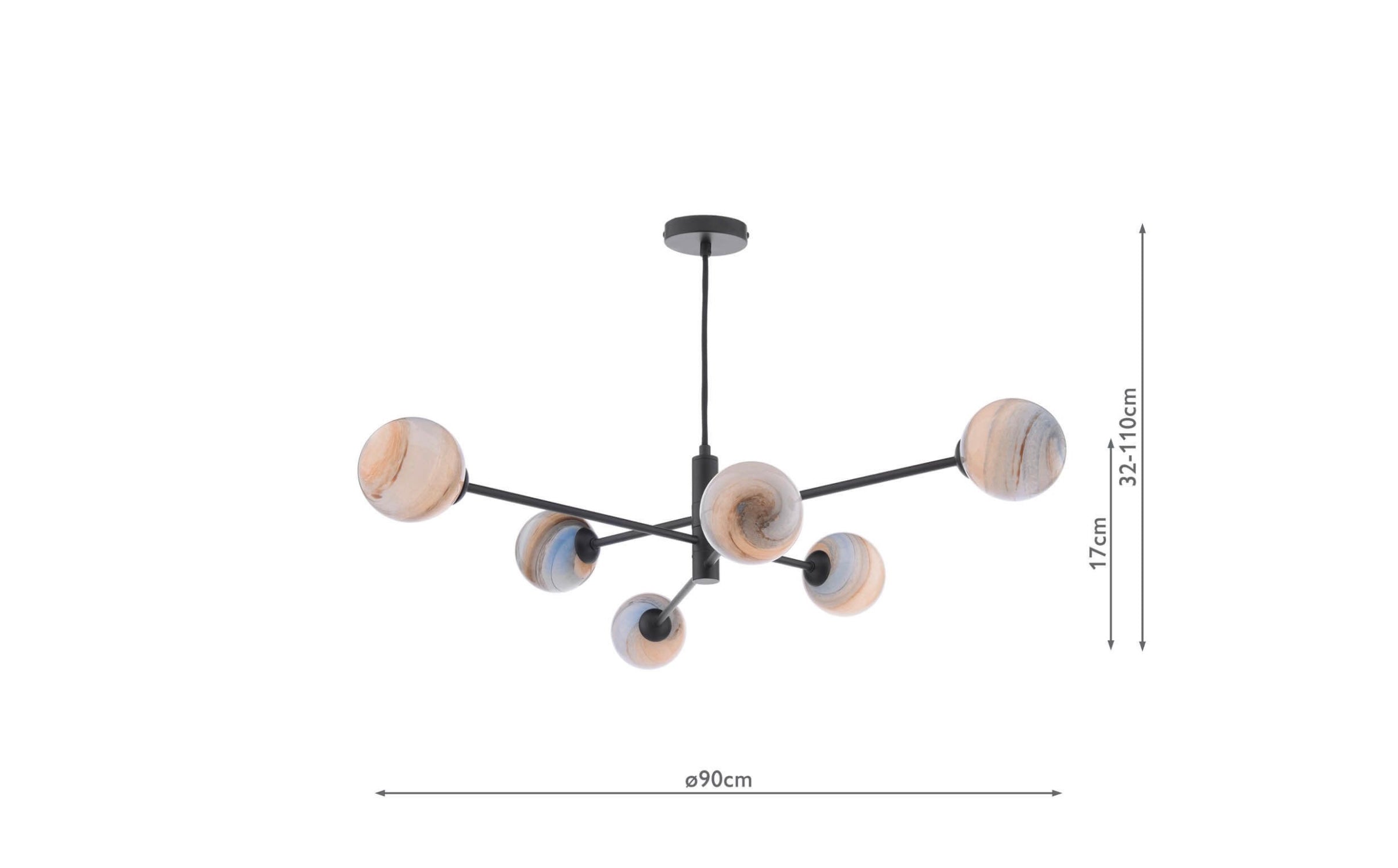Vignette 6 Light Pendant Matt Black & Planet Style Glass