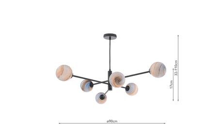 Vignette 6 Light Pendant Matt Black & Planet Style Glass