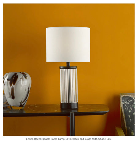 Enrico Rechargeable Table Lamp Satin Black and Glass With Shade LED