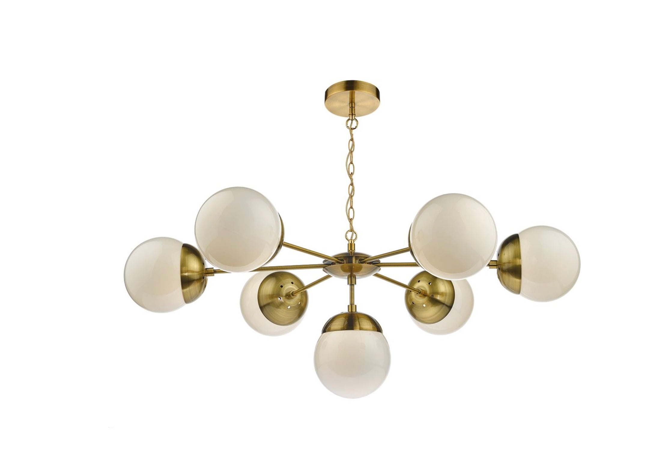 Bombazine 7 Light Pendant Natural Brass & White Opal Glass