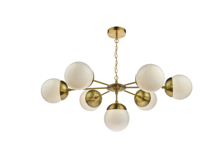 Bombazine 7 Light Pendant Natural Brass & White Opal Glass