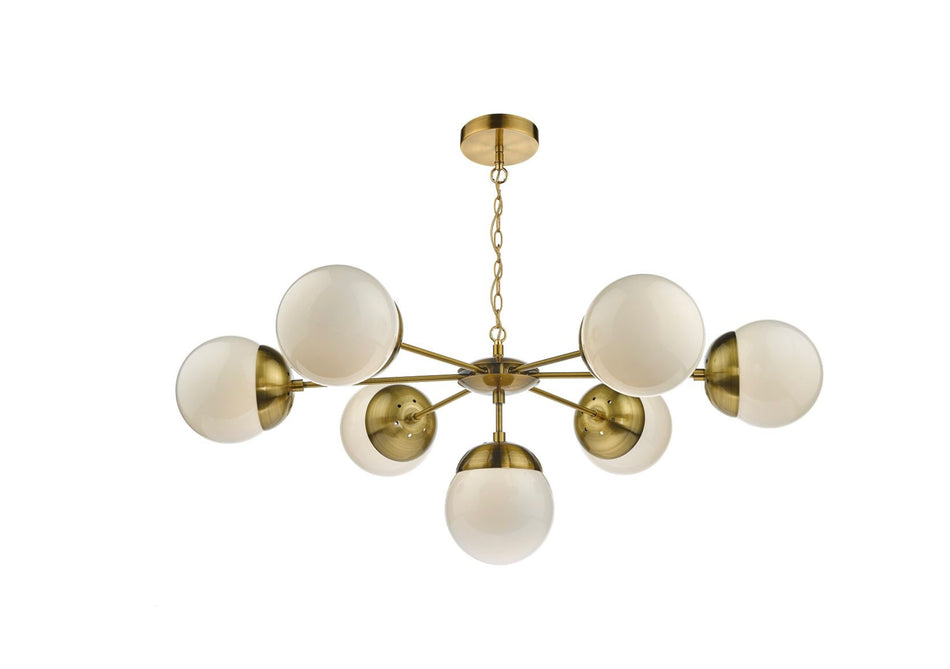 Bombazine 7 Light Pendant Natural Brass & White Opal Glass