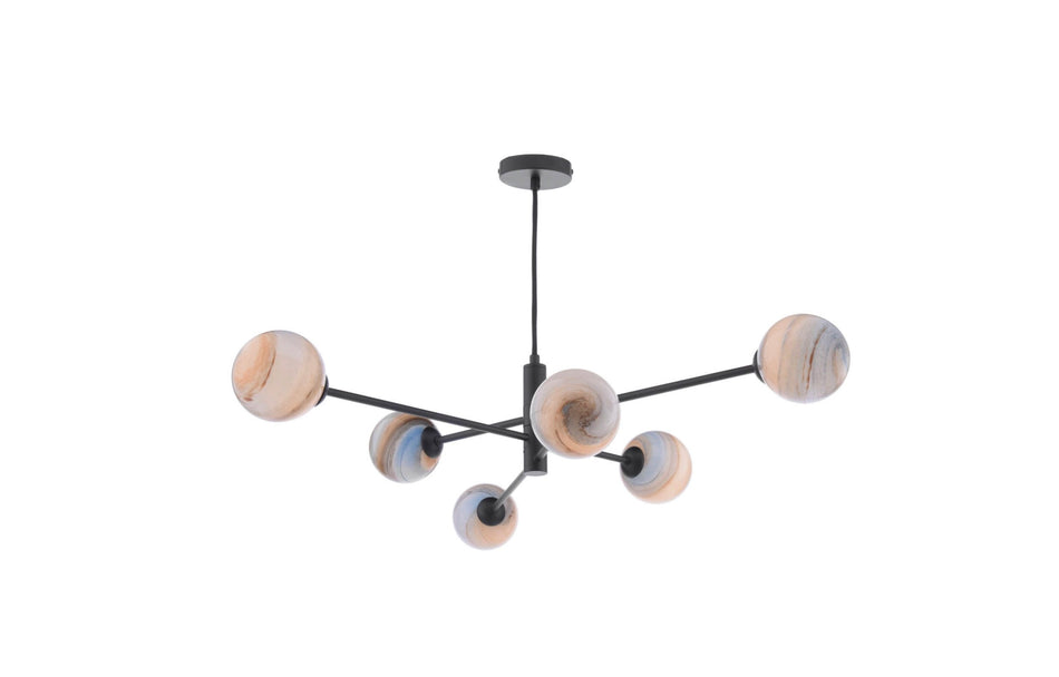 Vignette 6 Light Pendant Matt Black & Planet Style Glass