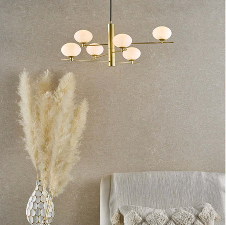 Jasper 6 Light Pendant Satin Gold and Opal Glass