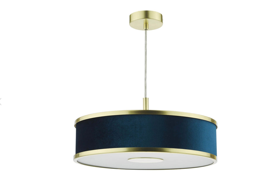 Alvaro 3 Light Single Pendant Brushed brass with blue shade