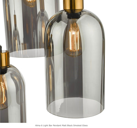Alma 6 Light Bar Pendant Matt Black Smoked Glass