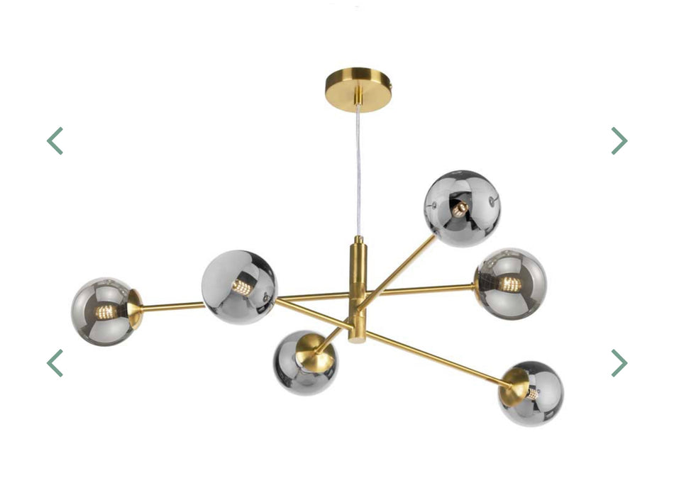 Vignette 6 Light Pendant Aged Brass Fitting with smoked glass globes