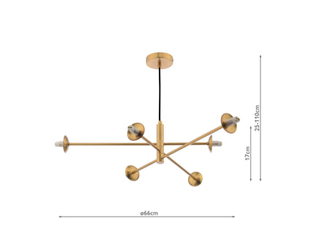 Vignette 6 Light Pendant Aged Brass Fitting with smoked glass globes