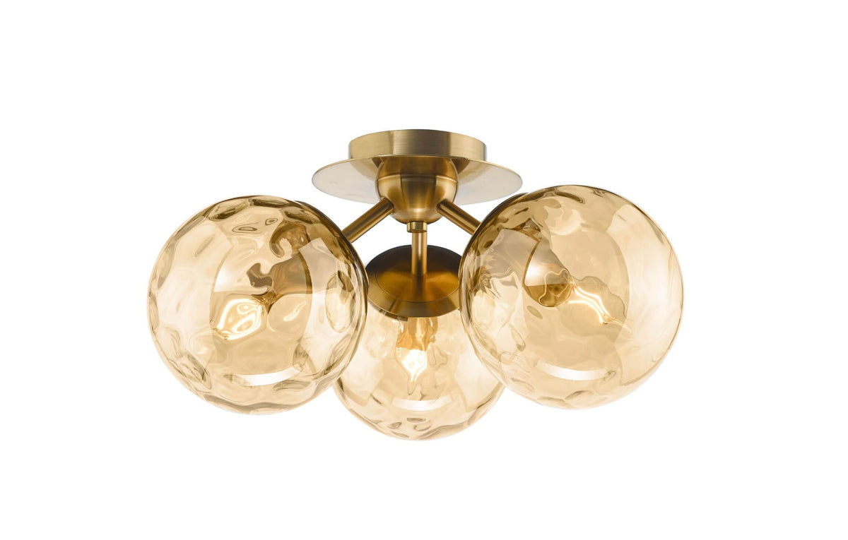 Ulrika 3 Light Flush Antique Brass and Amber Glass