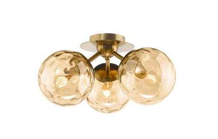 Ulrika 3 Light Flush Antique Brass and Amber Glass