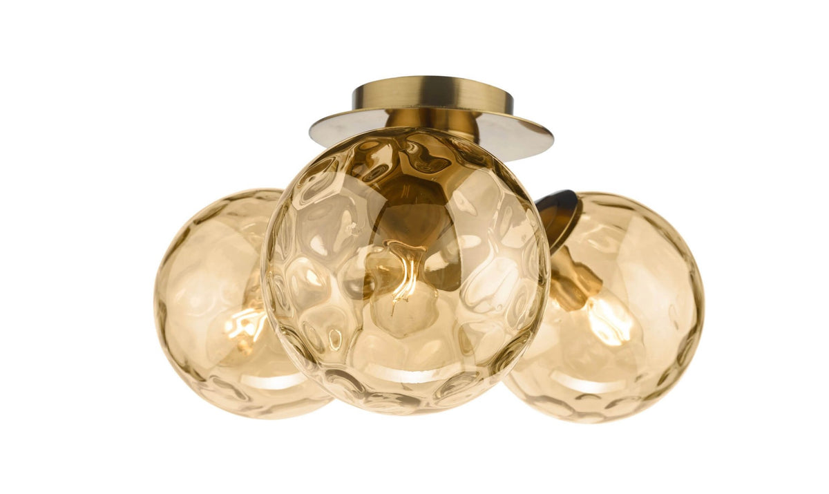 Ulrika 3 Light Flush Antique Brass and Amber Glass