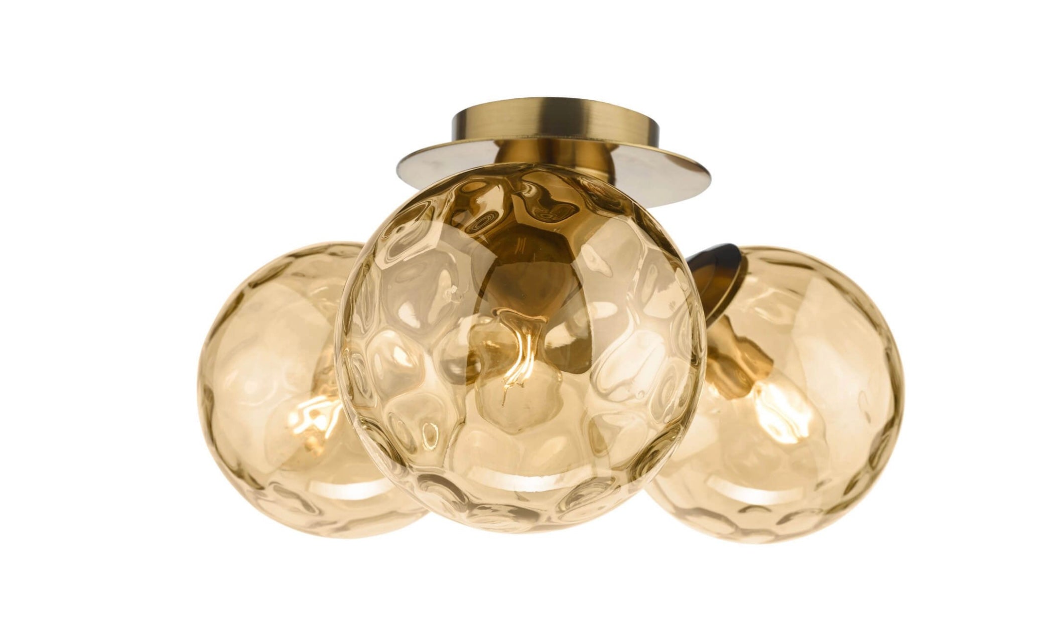 Ulrika 3 Light Flush Antique Brass and Amber Glass