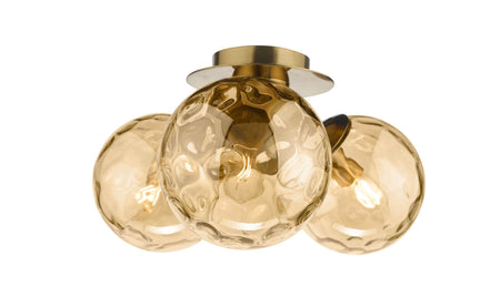 Ulrika 3 Light Flush Antique Brass and Amber Glass