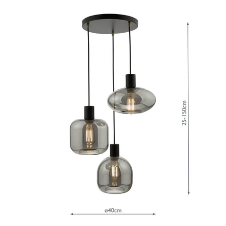 Aiden 3 Light Cluster Pendant Satin Black & Smoked