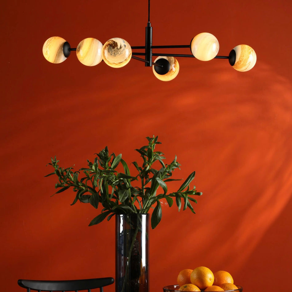 Vignette 6 Light Pendant Matt Black & Planet Style Glass
