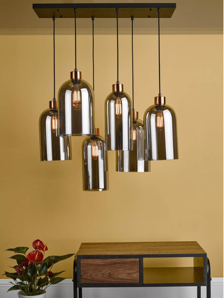 Alma 6 Light Bar Pendant Matt Black Smoked Glass