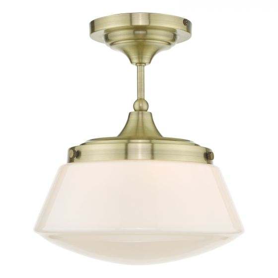 Caden Bathroom Semi Flush Antique Brass Opal Glass IP44