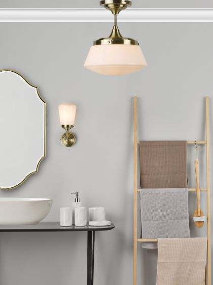 Caden Bathroom Semi Flush Antique Brass Opal Glass IP44