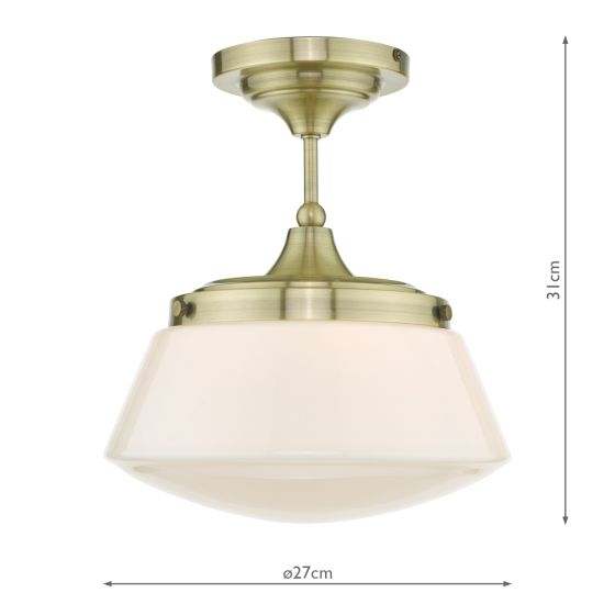 Caden Bathroom Semi Flush Antique Brass Opal Glass IP44