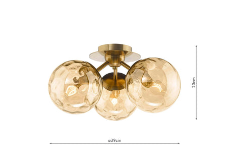 Ulrika 3 Light Flush Antique Brass and Amber Glass
