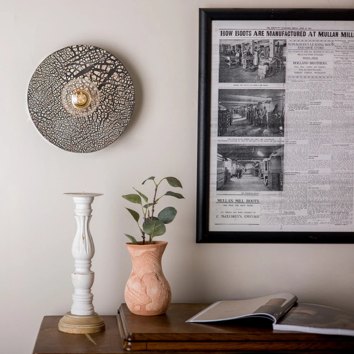 Bog Oak Organic Ceramic Disc Wall Light, Black Clay.