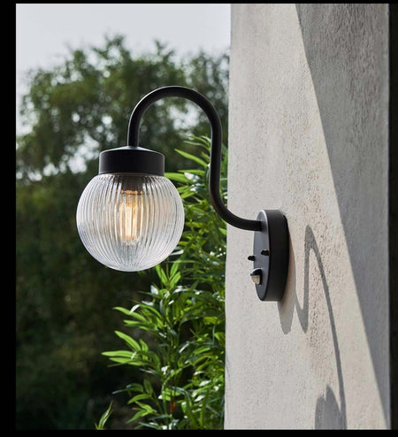 Eldon outdoor Wall PIR sensor light / exterior black and ribbed glass lamp