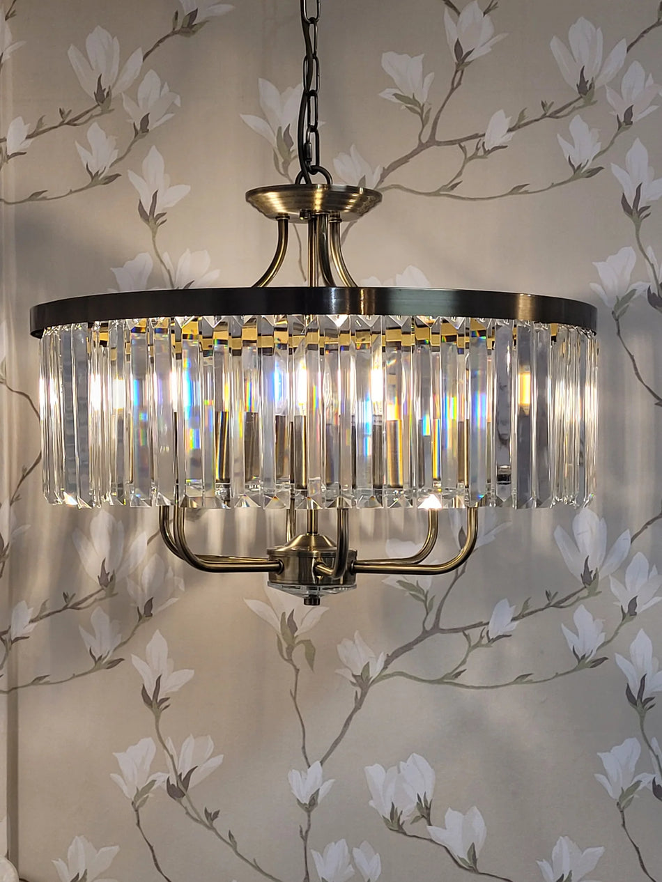 Antique Brass crystal 6 light flush ceiling pendant with chain