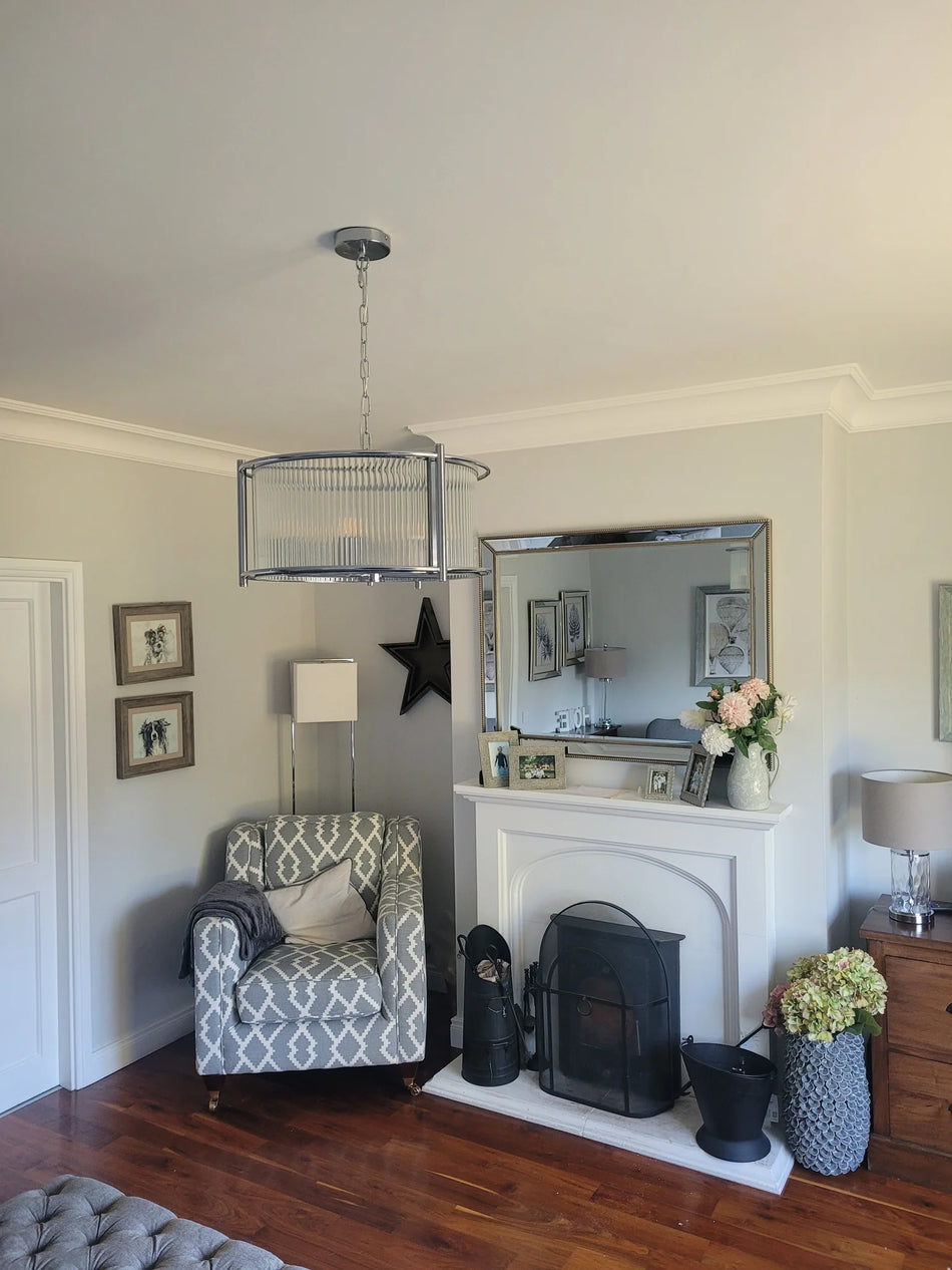 Satin Chrome ribbed glass 5 light ceiling pendant with chain