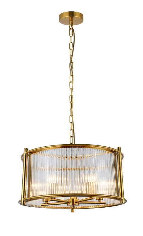 Gold ribbed glass 5 light ceiling pendant with chain