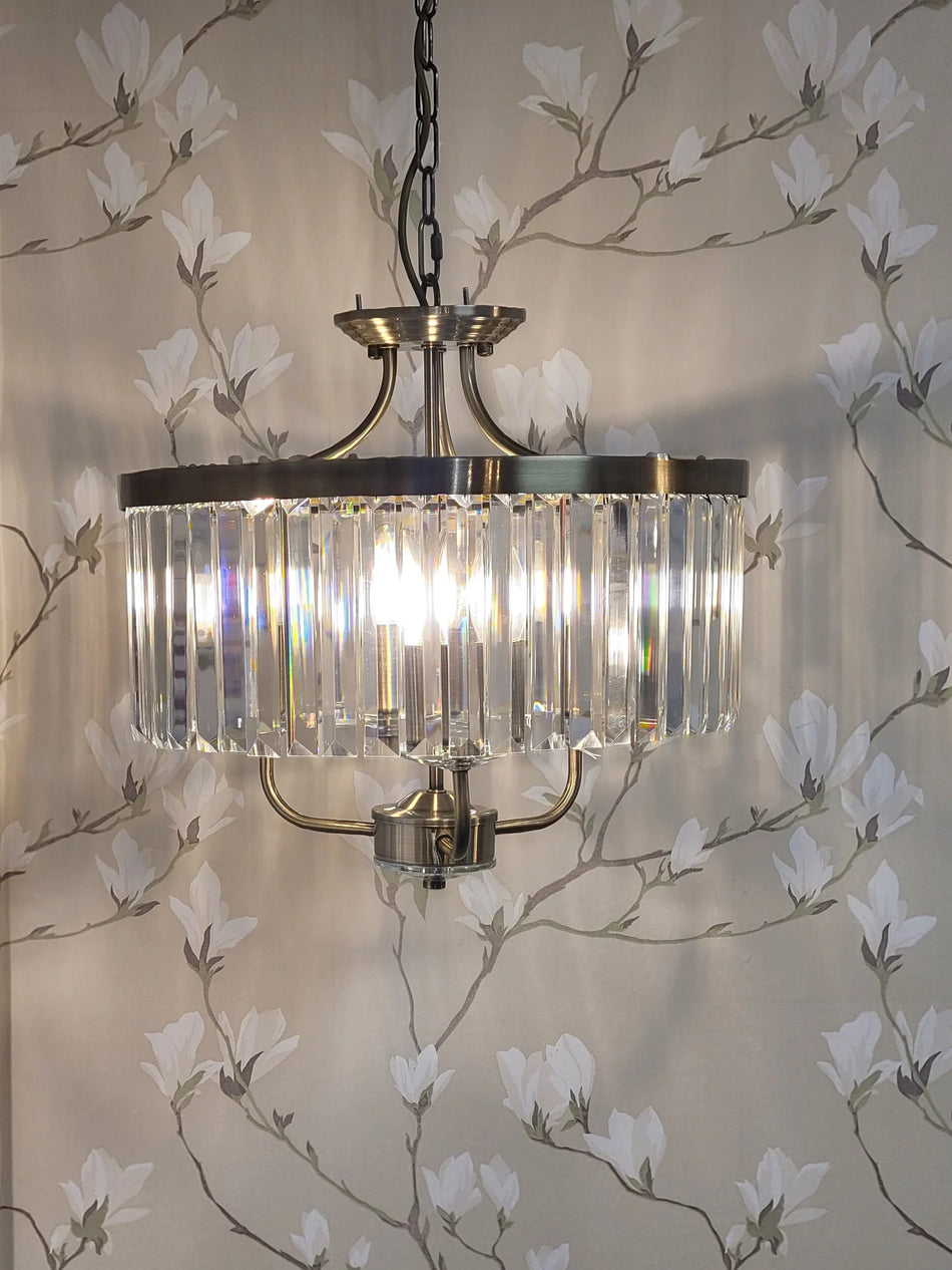 Antique brass crystal 3 light ceiling pendant with chain