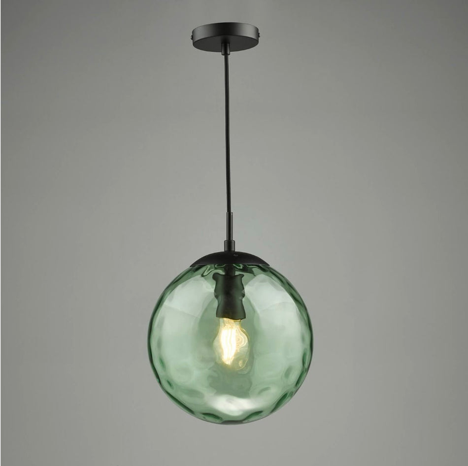 Ripple Pendant Clear Glass Globe with antique brass, black or chrome finish