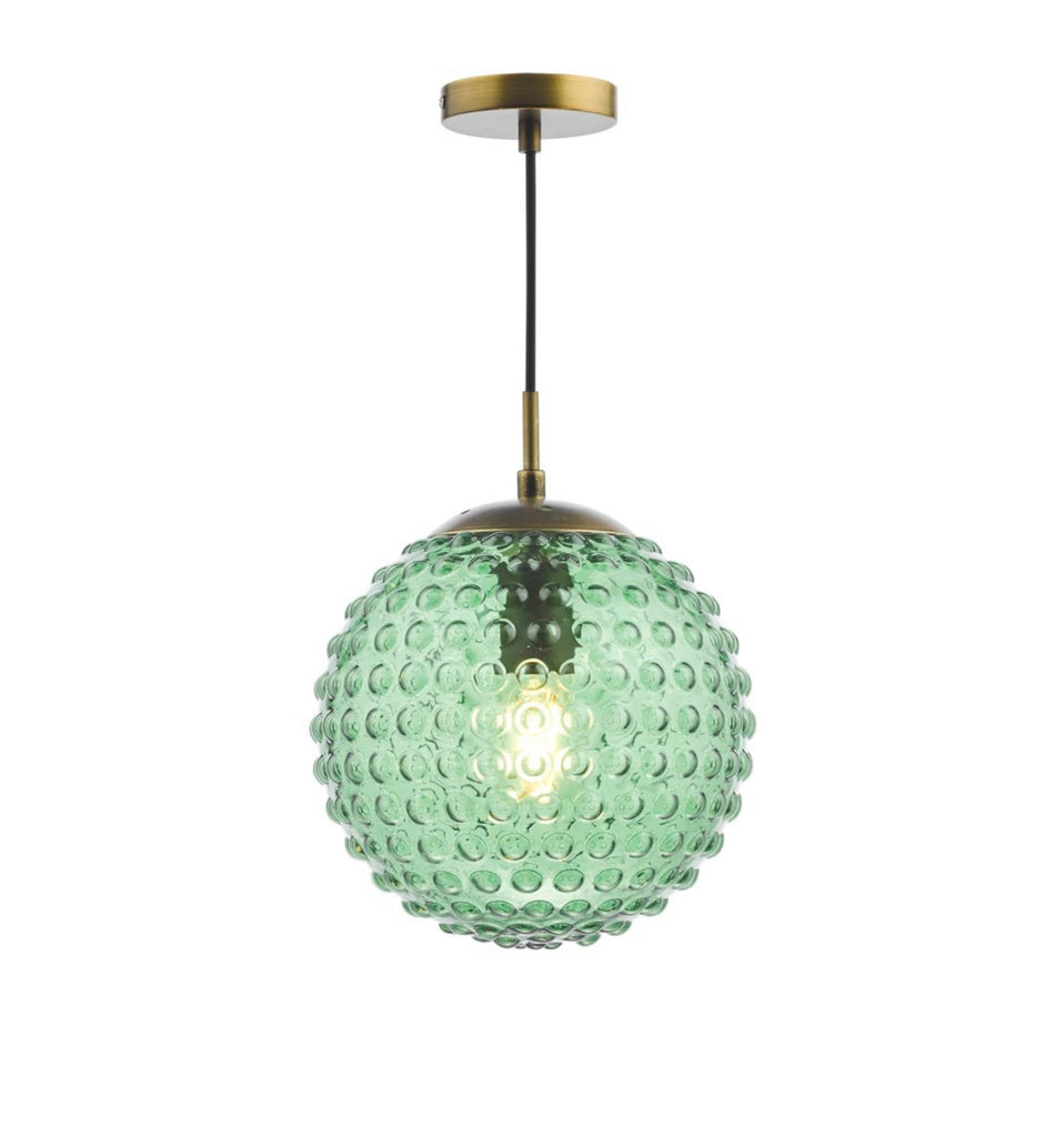 Hobnail Pendant Green Glass Globe and antique brass